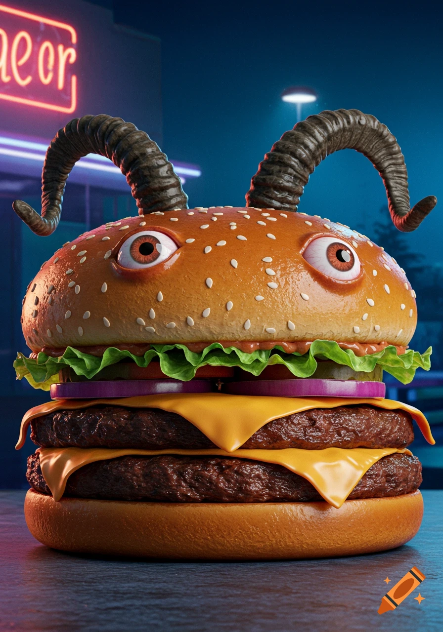 A photorealistic monster cheeseburger with eyeballs and goat horns, against a dark background with a blurry neon sign.