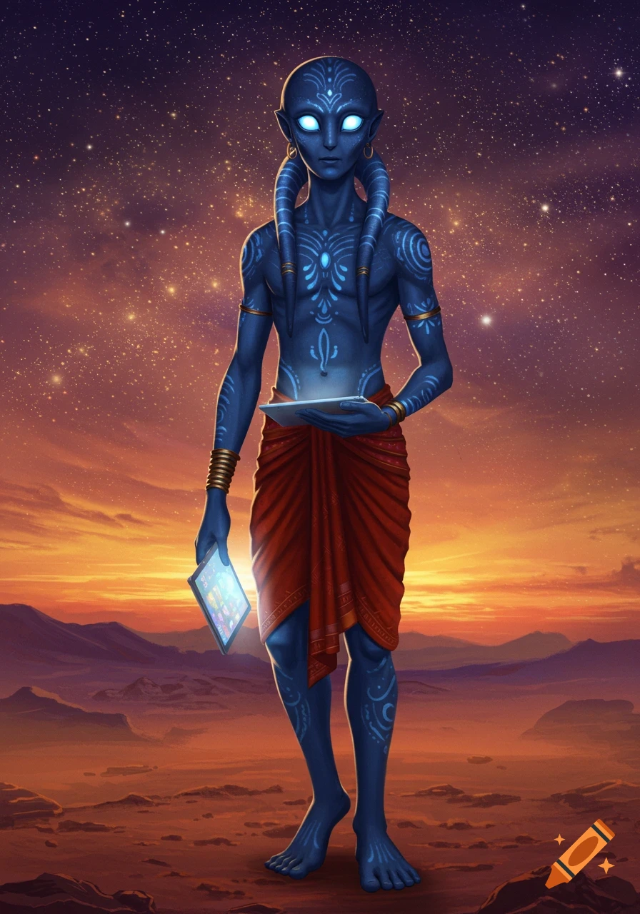 A blue alien with glowing eyes and tattoos, wearing a red loincloth, stands on a rocky alien planet under a starry sky, holding two glowing tablets.