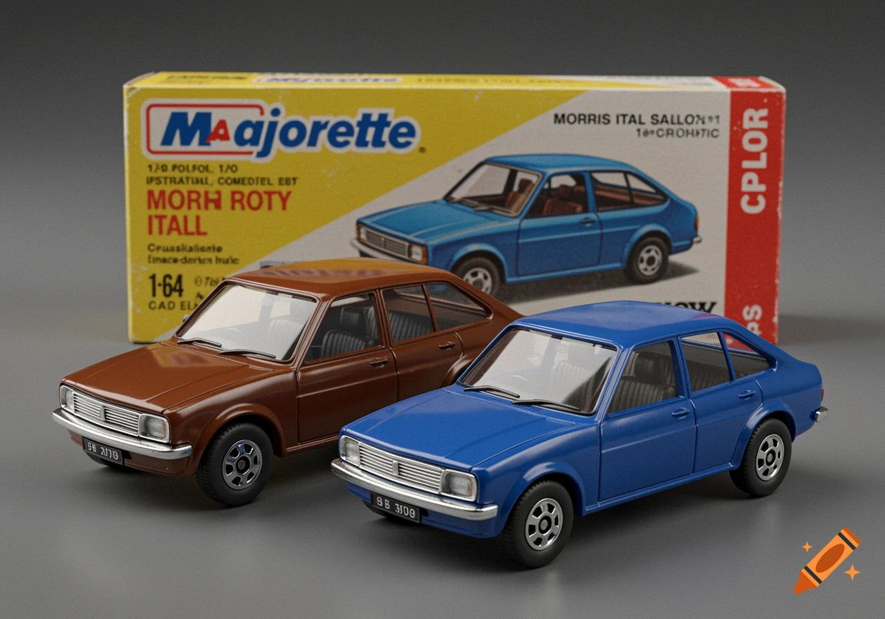 Two diecast Morris Ital toy cars, one brown estate and one blue saloon, in front of a yellow 'Majorette' box.