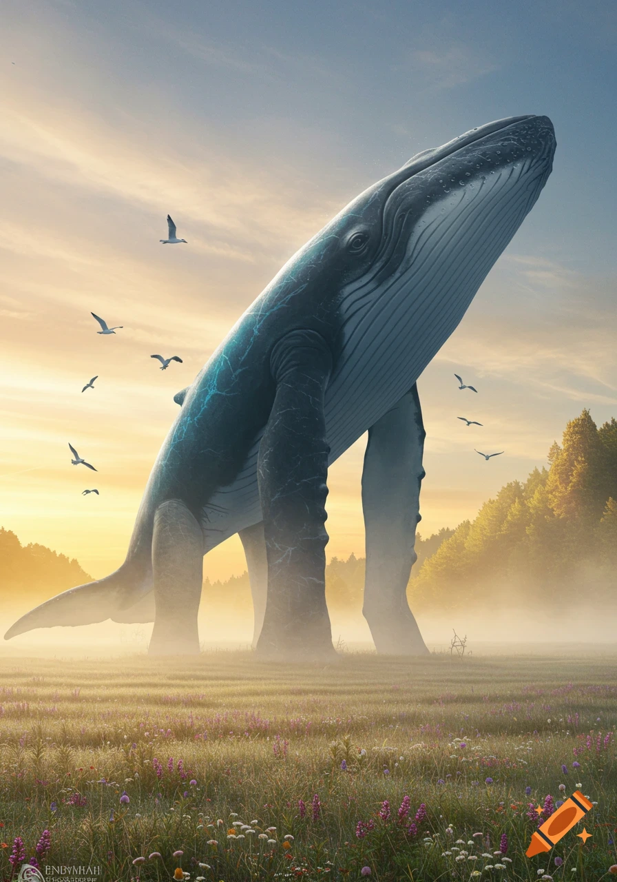 A giant whale with legs stands in a misty, sunlit field of wildflowers with birds and trees. Photorealistic, surreal art.