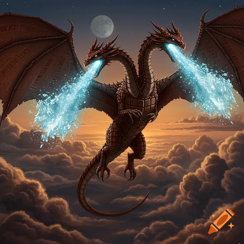 A large two-headed brown dragon made of chocolate bars flies through clouds at sunset, breathing blue ice, under a full moon.