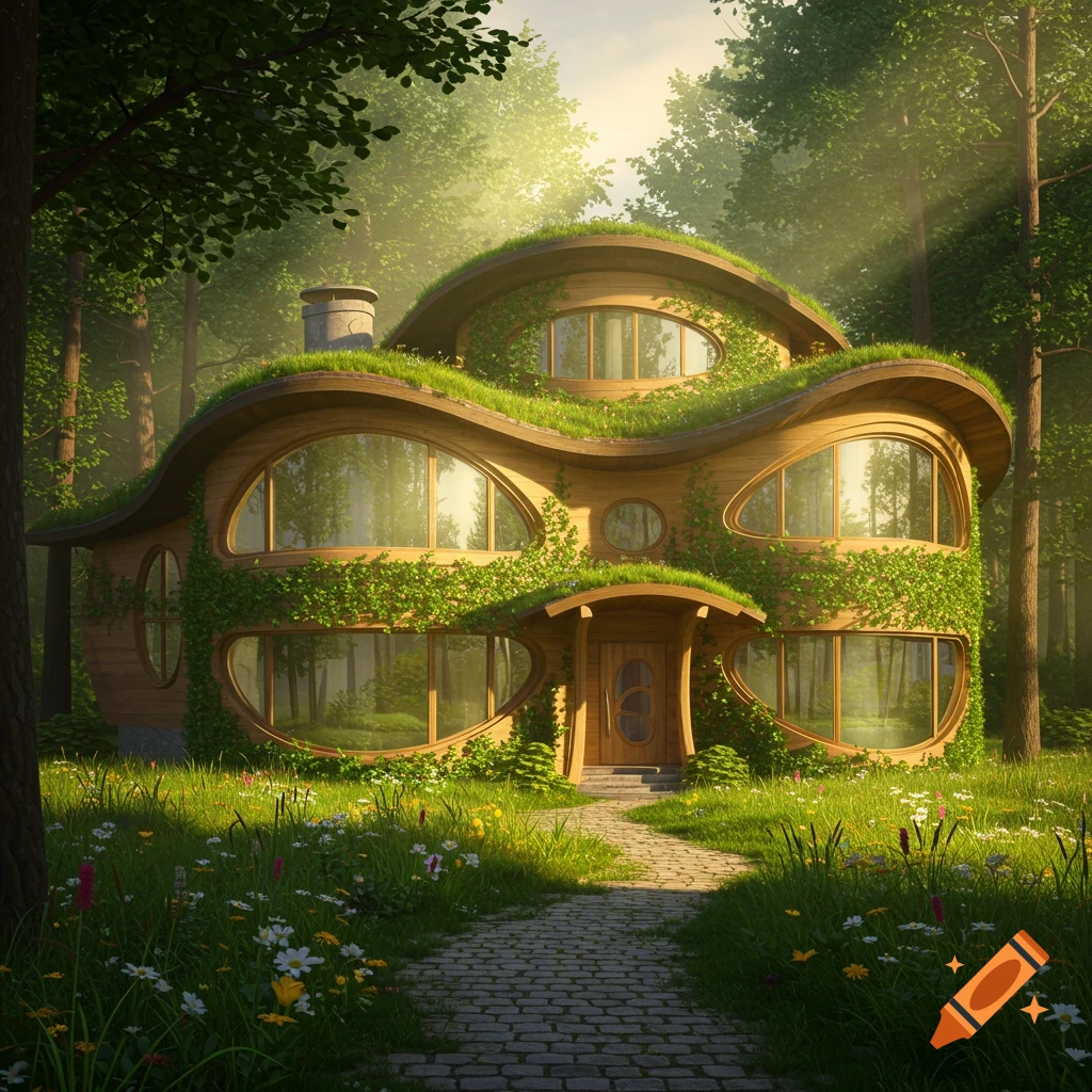 A whimsical, nature-themed house with concaved windows in a sunlit forest, surrounded by lush greenery and wildflowers, with a stone path leading to the front door.