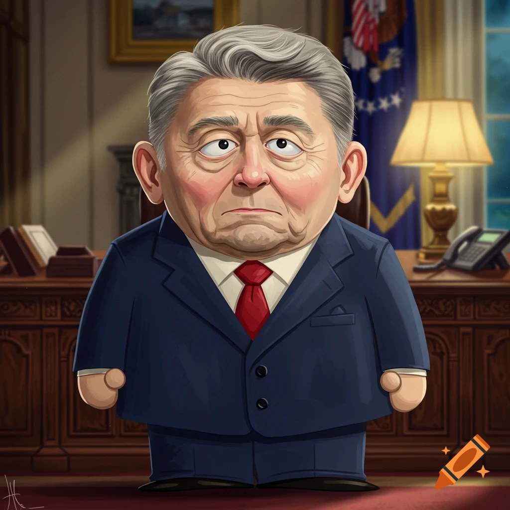 A South Park style cartoon of Ronald Reagan, an older man with gray hair, in a suit and tie, looking confused in an office.