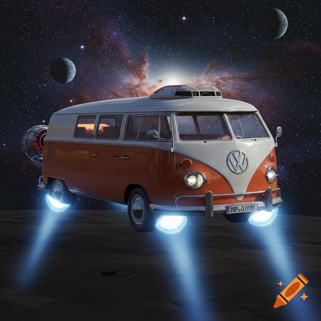 A futuristic orange and white VW bus, modified into a spaceship, hovering over a barren planet surface under a starry nebula sky with moons.