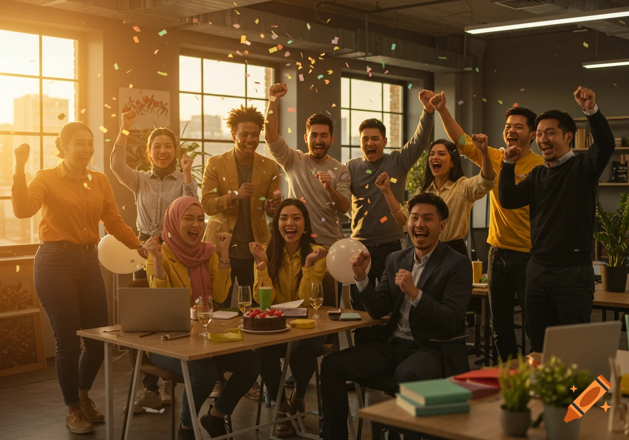 A diverse group of happy office workers celebrates success with raised fists and confetti falling around them in a bright office space.