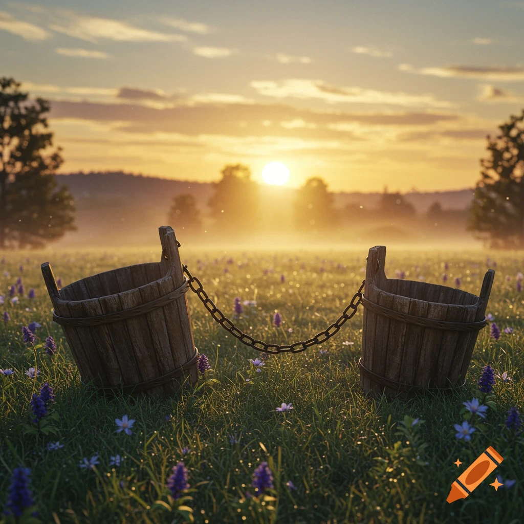 Two rustic wooden buckets chained together in a vibrant green field with purple flowers, bathed in the golden light of a misty sunset.