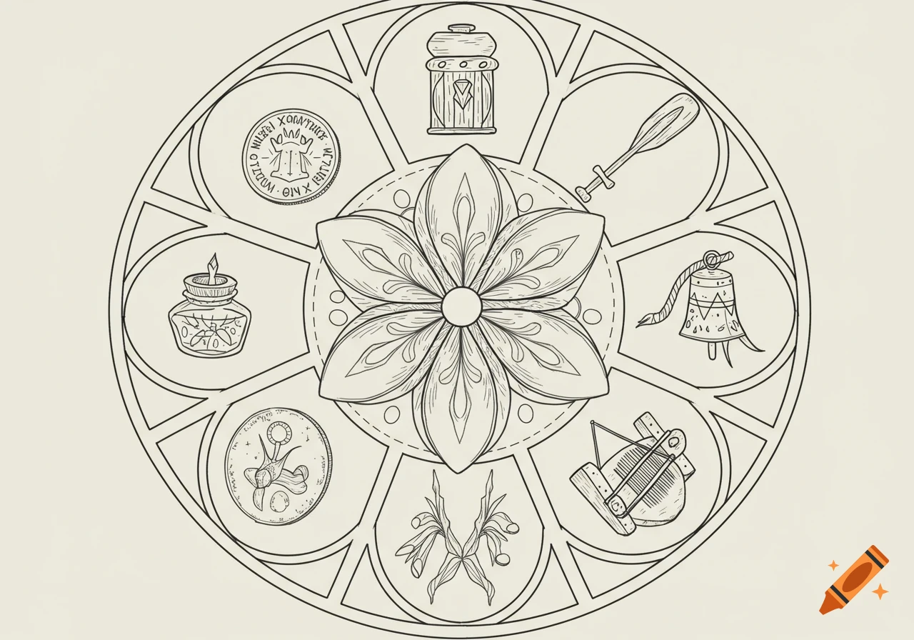 A line art illustration of a circular rose window with a central flower, surrounded by vignettes of various objects.