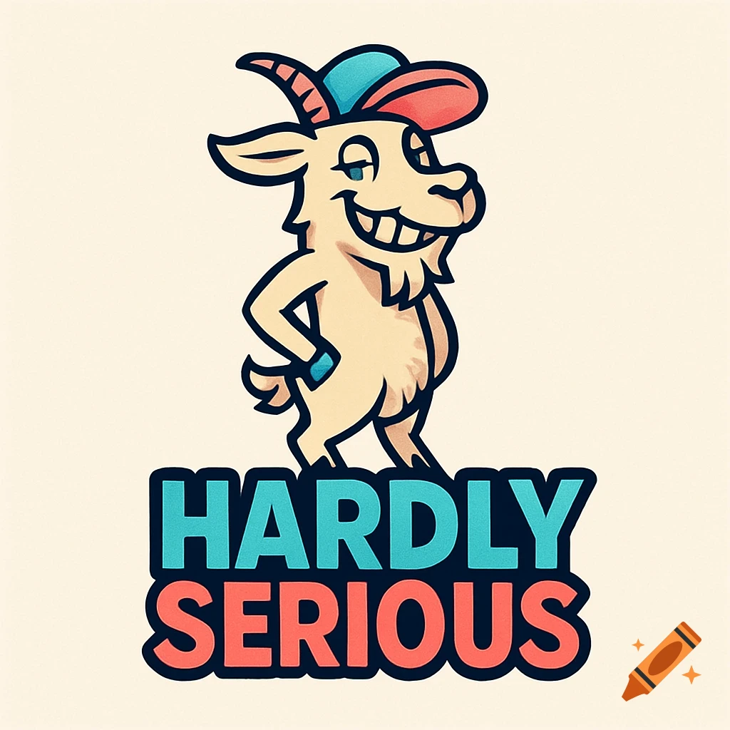 A cartoon illustration of a smiling goat wearing a blue and red baseball cap, standing above the text 'HARDLY SERIOUS' in bold blue and red letters with a black outline.