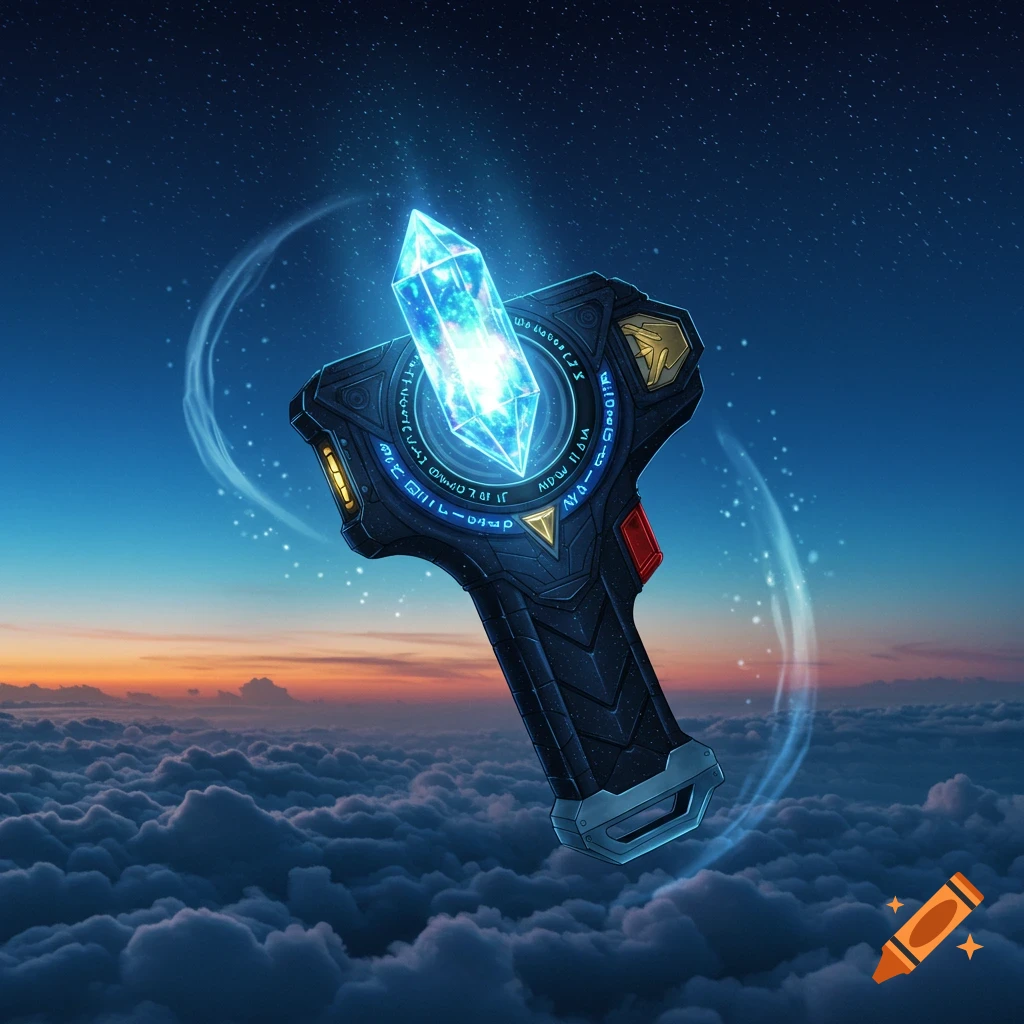 A futuristic dark gray device with a glowing blue crystal floats above a sea of clouds under a starry night sky with a sunset horizon.
