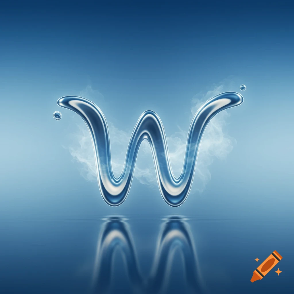 A glossy, liquid-like letter W with smoke and water reflections on a blue background.