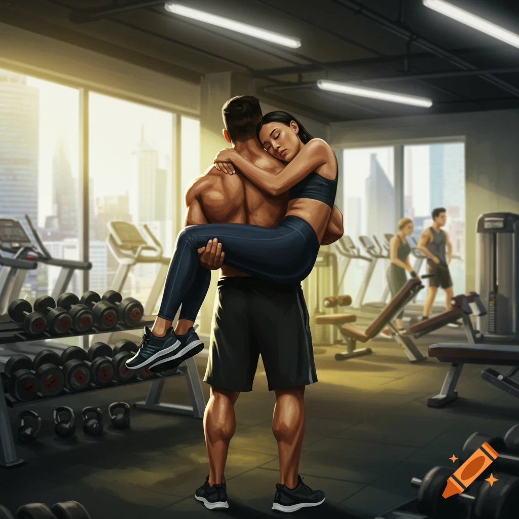 A man carries a woman in his arms inside a sunlit gym, surrounded by weights and exercise equipment.