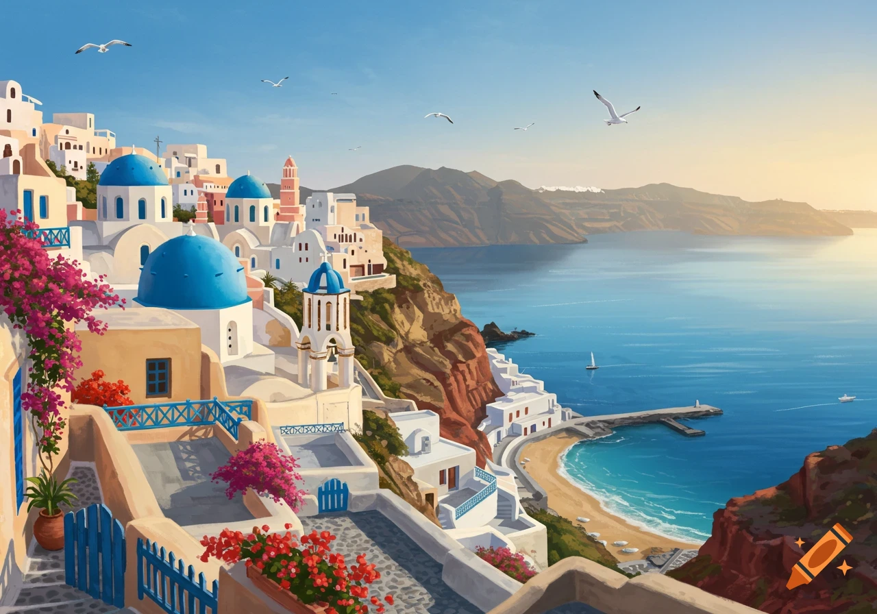 A beautiful coastal town with white buildings, blue domes, and pink bougainvillea overlooking a blue sea at sunset.