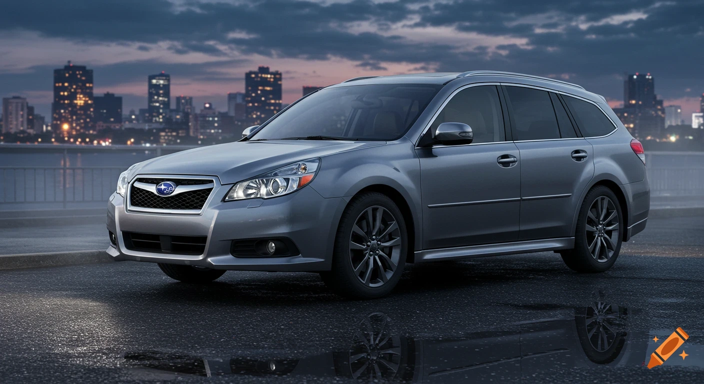 A silver Subaru Legacy/Liberty wagon parked on wet asphalt at dusk with a city skyline in the background.