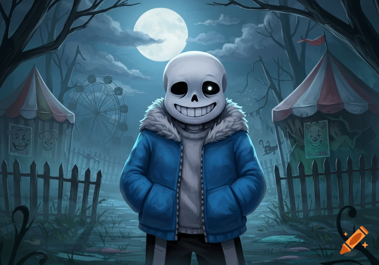 A digital illustration of a smiling skeletal character wearing a blue jacket in a spooky carnival under a full moon.