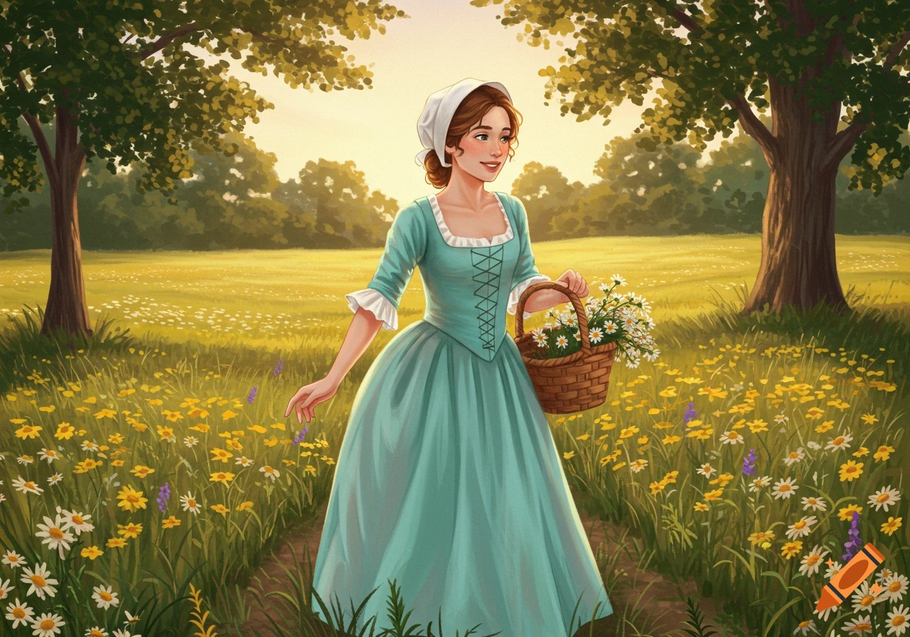 An illustrated young woman in a teal colonial dress and white cap walks through a sunny meadow, holding a basket of flowers.