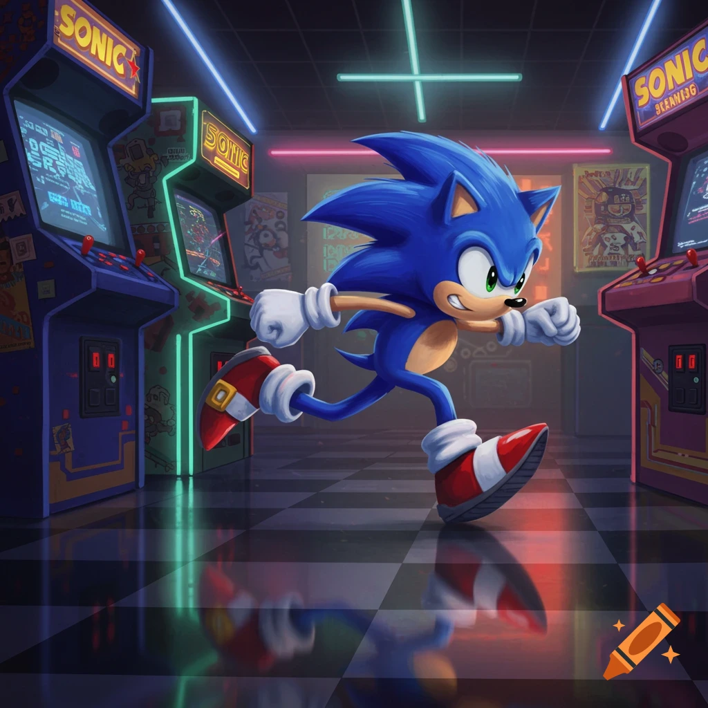 Sonic the Hedgehog runs through a vibrant, neon-lit vintage arcade with reflective floors.