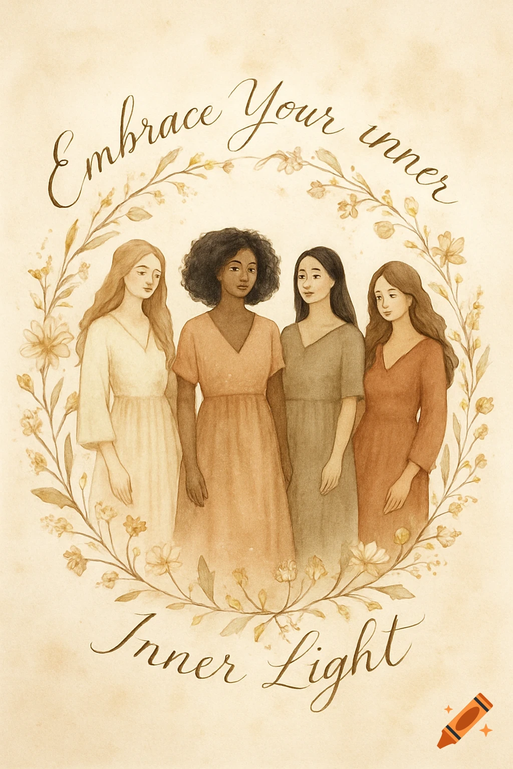 A watercolor illustration of four diverse women in dresses standing within a floral wreath. Text reads "Embrace Your inner Inner Light".