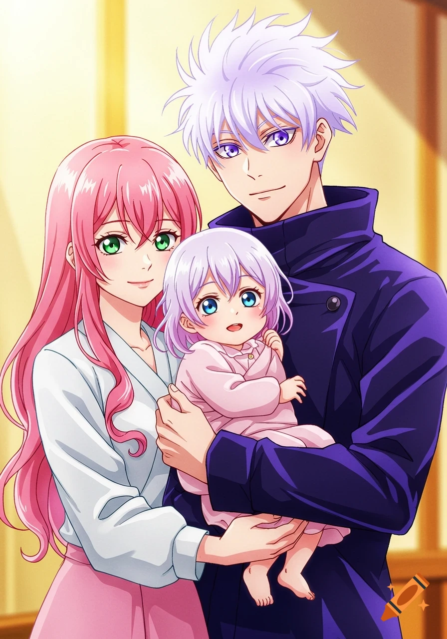 An anime man with white hair, a woman with pink hair, and a baby with purple hair pose together as a family.