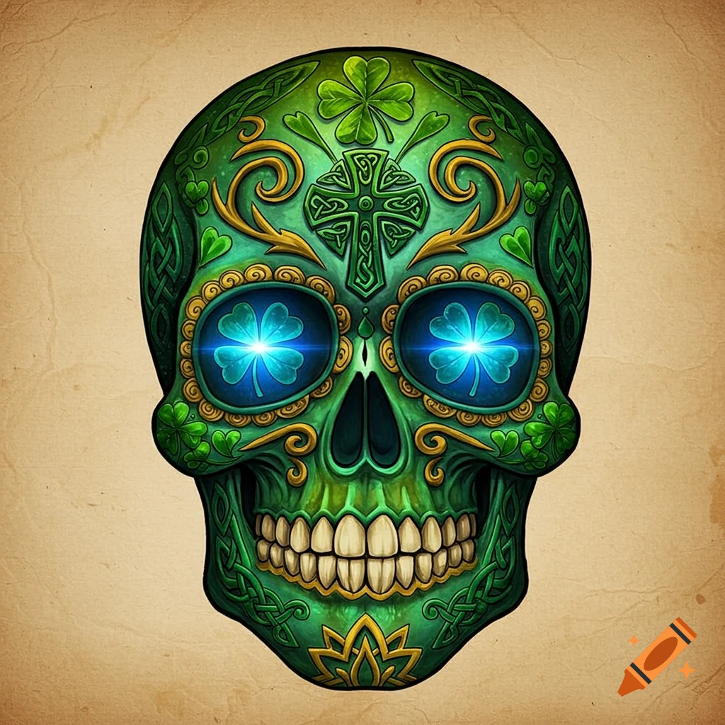 A vibrant green sugar skull adorned with gold Celtic patterns and shamrocks, featuring glowing blue eyes with shamrock designs, set against a textured light brown background.