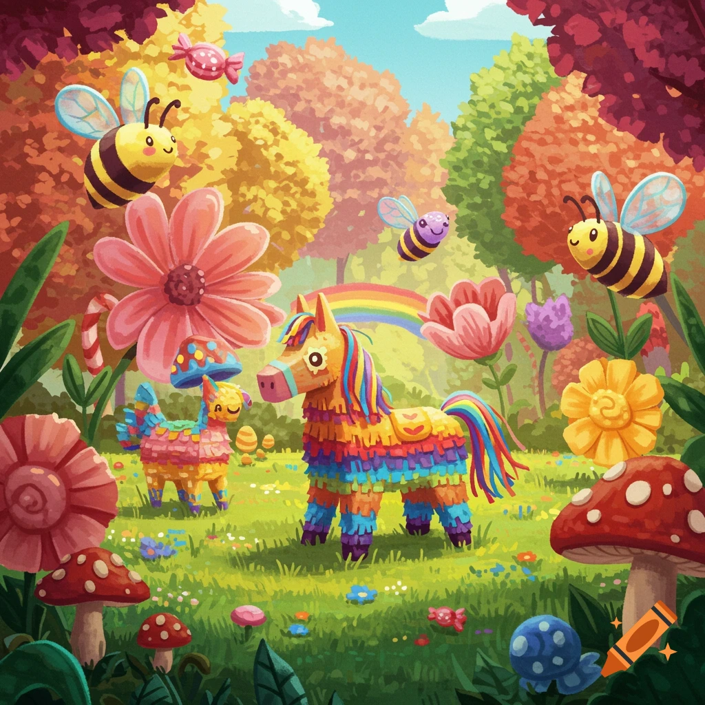 A whimsical, colorful cartoon forest scene with a large rainbow piñata horse, a smaller piñata llama, smiling bees, vibrant flowers, and mushrooms.