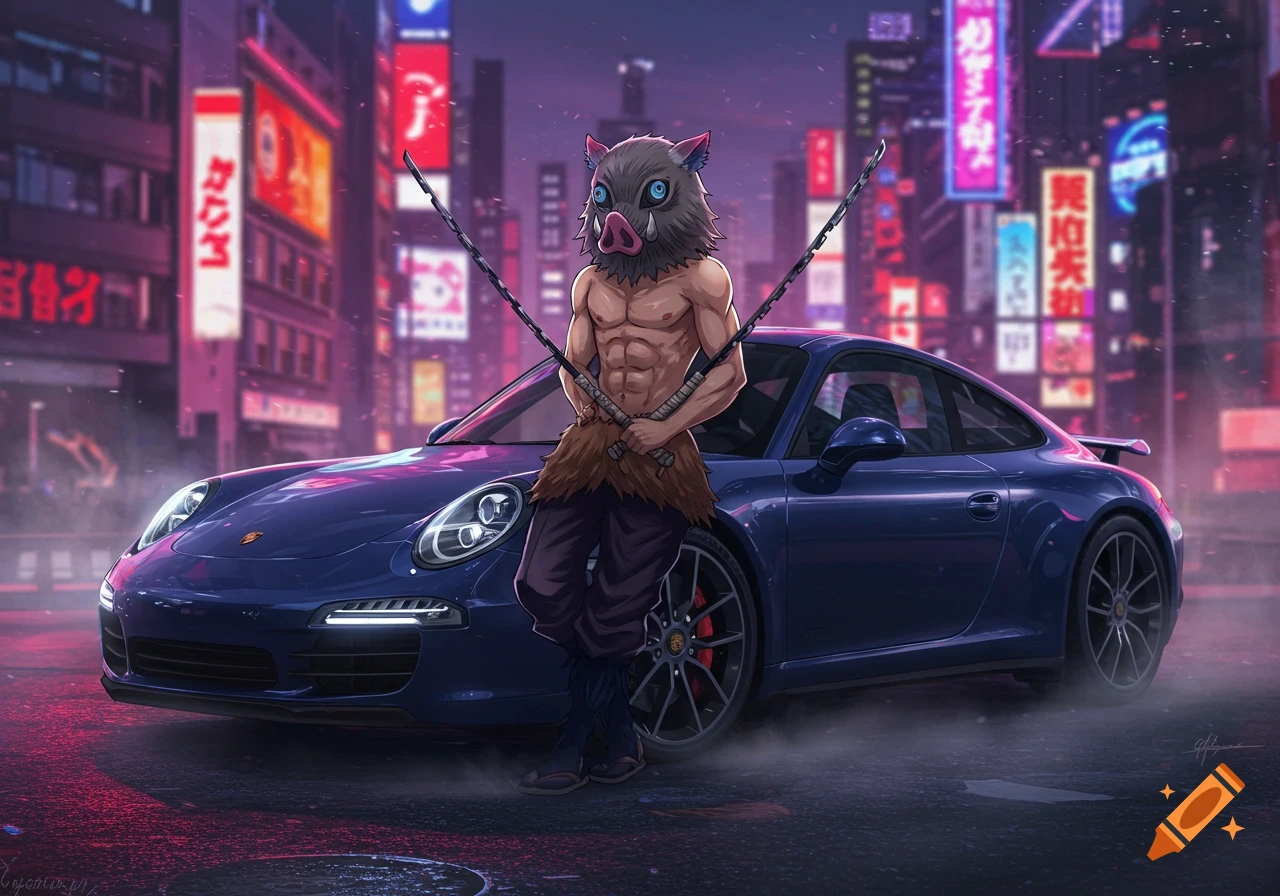 Inosuke Hashibira leaning against a blue Porsche 911 twin turbo on a neon-lit city street at night in an anime art style.
