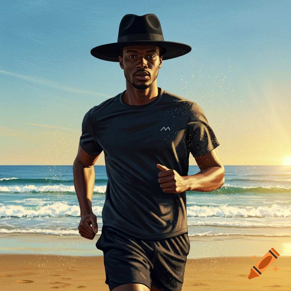 A man in a black hat and shirt runs on a sandy beach at sunrise, with ocean waves in the background.
