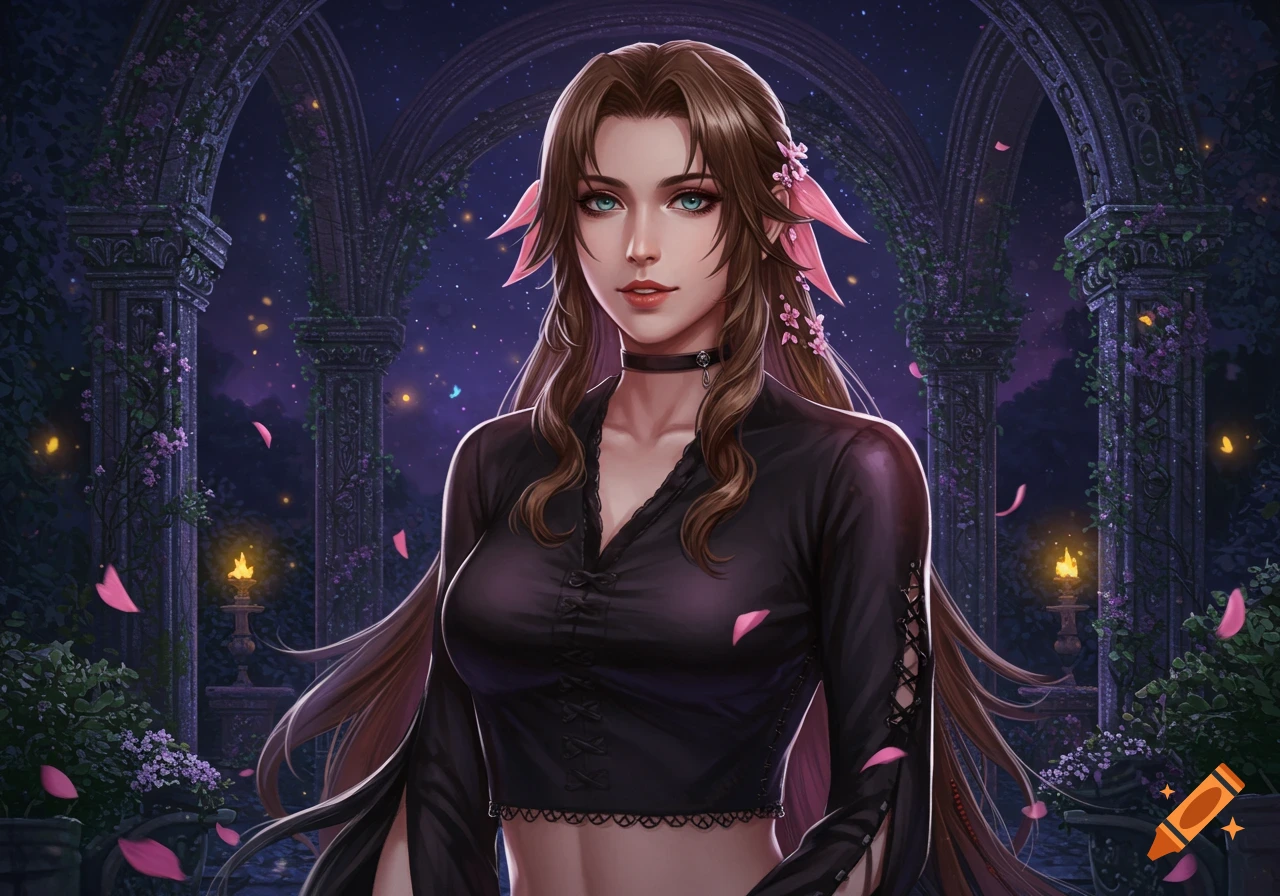 A fantasy woman with long brown hair, green eyes, and a black crop top stands under gothic arches in a starry night garden.