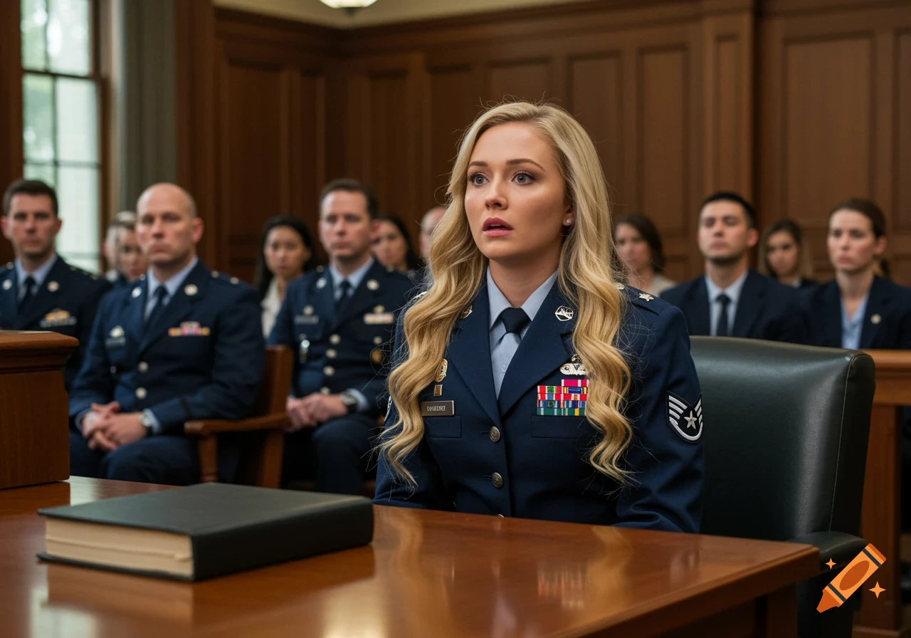 A blonde woman in an Air Force uniform sits in a courtroom looking surprised, with other people in uniforms and suits in the background.