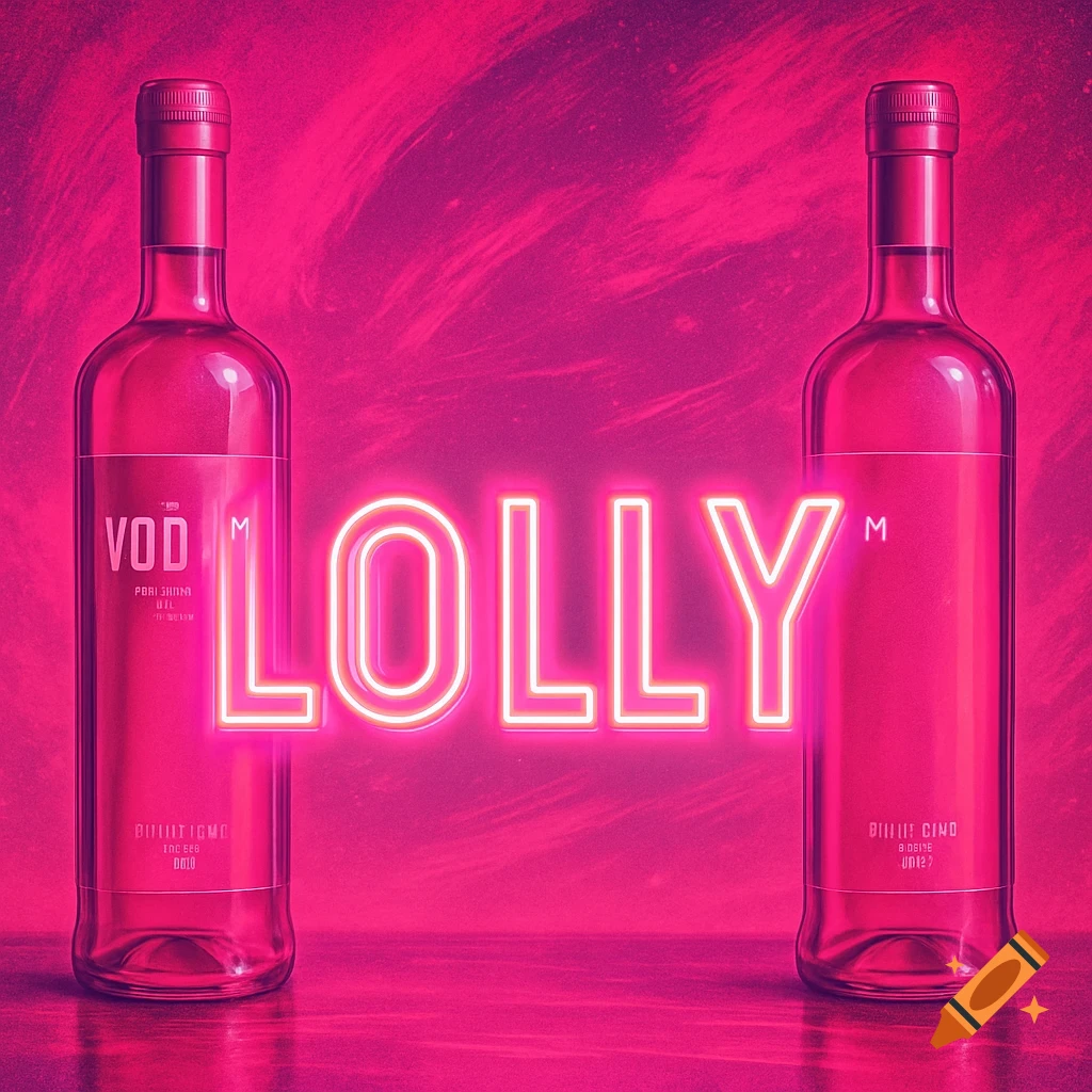 Two pink vodka bottles flank a neon pink sign that reads "LOLLY™" against a vibrant pink background.