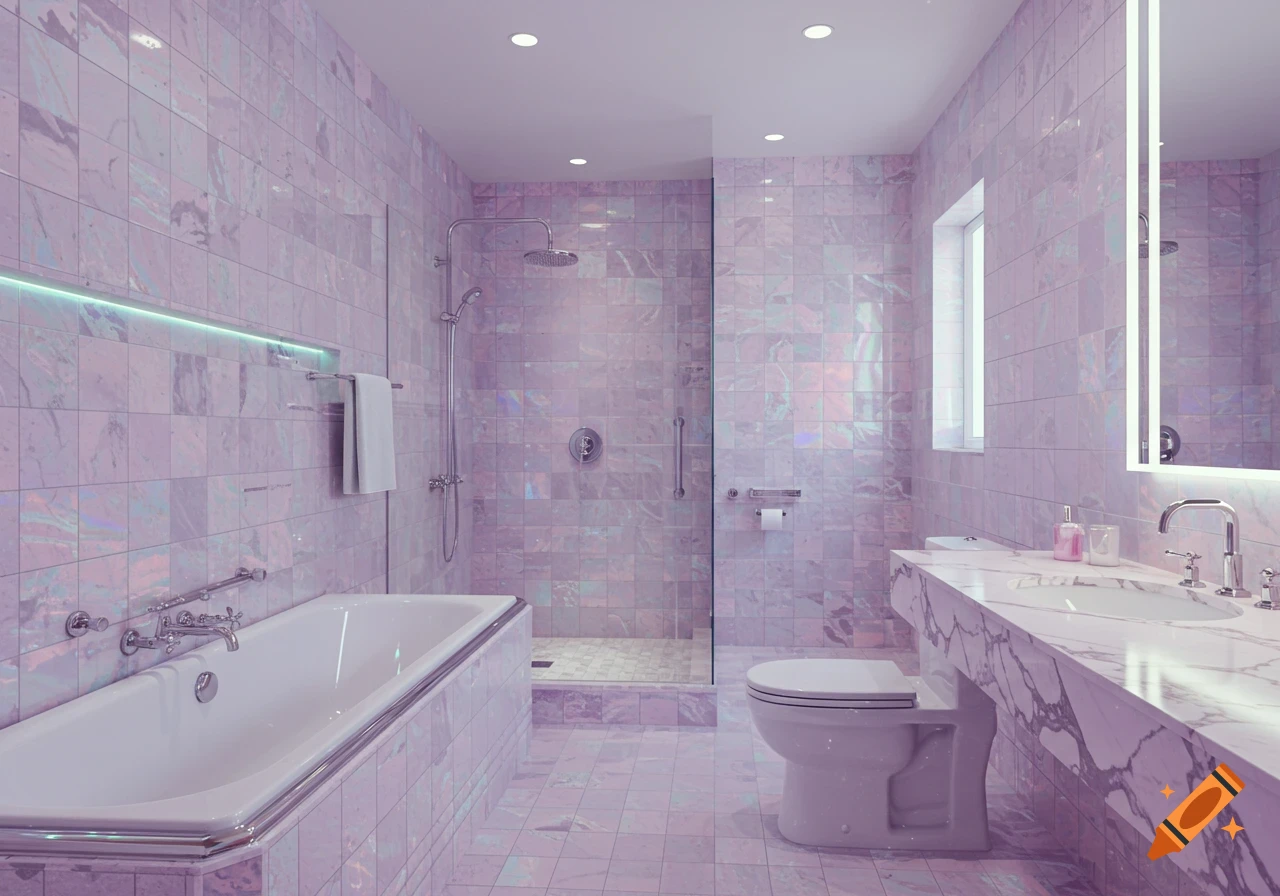 A luxurious bathroom featuring iridescent purple tiles, an alcove bathtub, a separate glass shower, a modern sink, and a toilet.