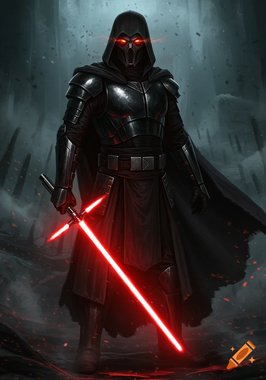 A menacing dark lord in black armor and hood with glowing red eyes holds a red crossguard lightsaber in a dark, atmospheric setting.