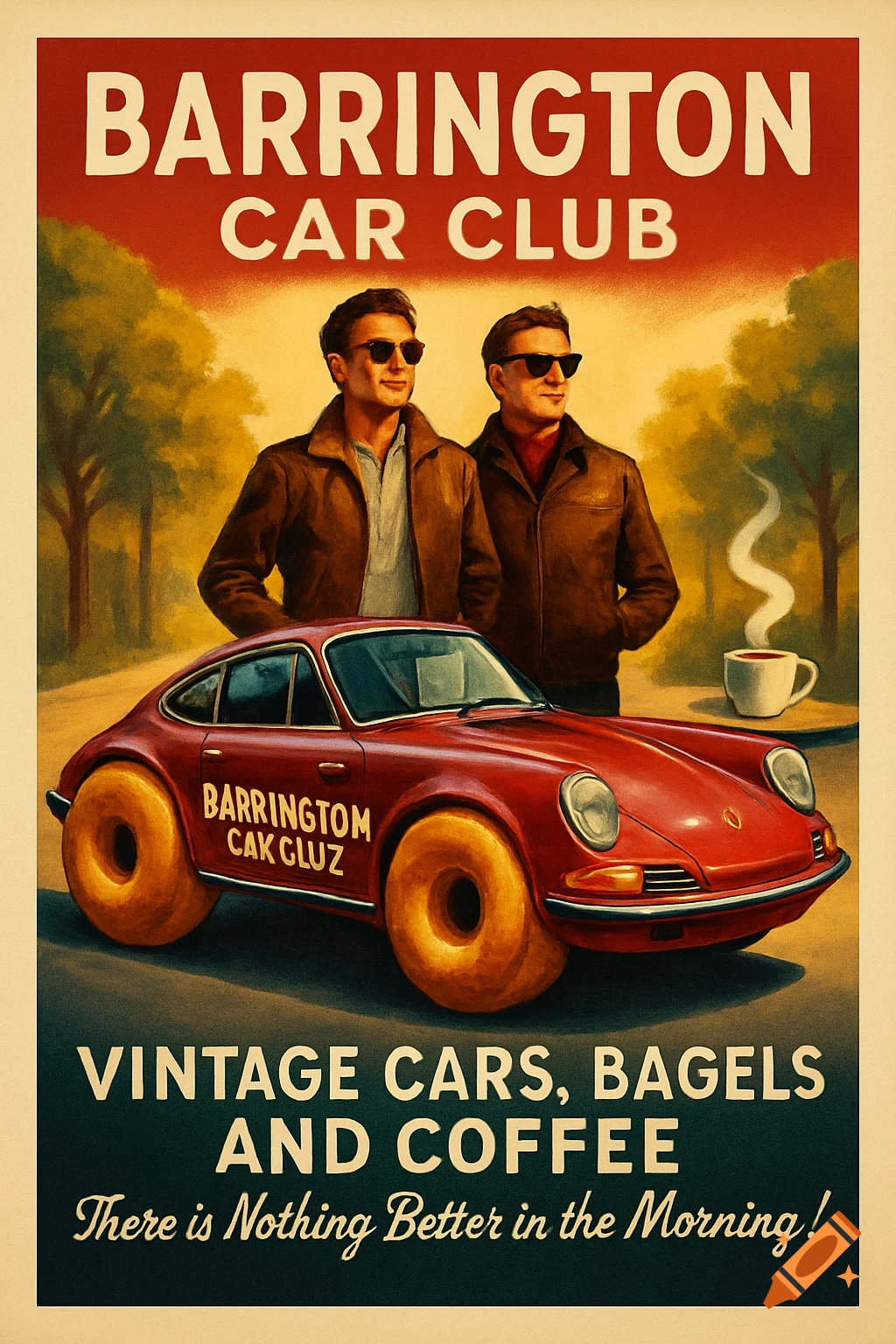 A vintage-style poster depicting two men in sunglasses standing behind a red car with bagel wheels, with coffee and trees in the background. Text reads "Barrington Car Club, Vintage Cars, Bagels And Coffee, There is Nothing Better in the Morning!" and "BARRINGTON CAK GLUZ" on the car's side.