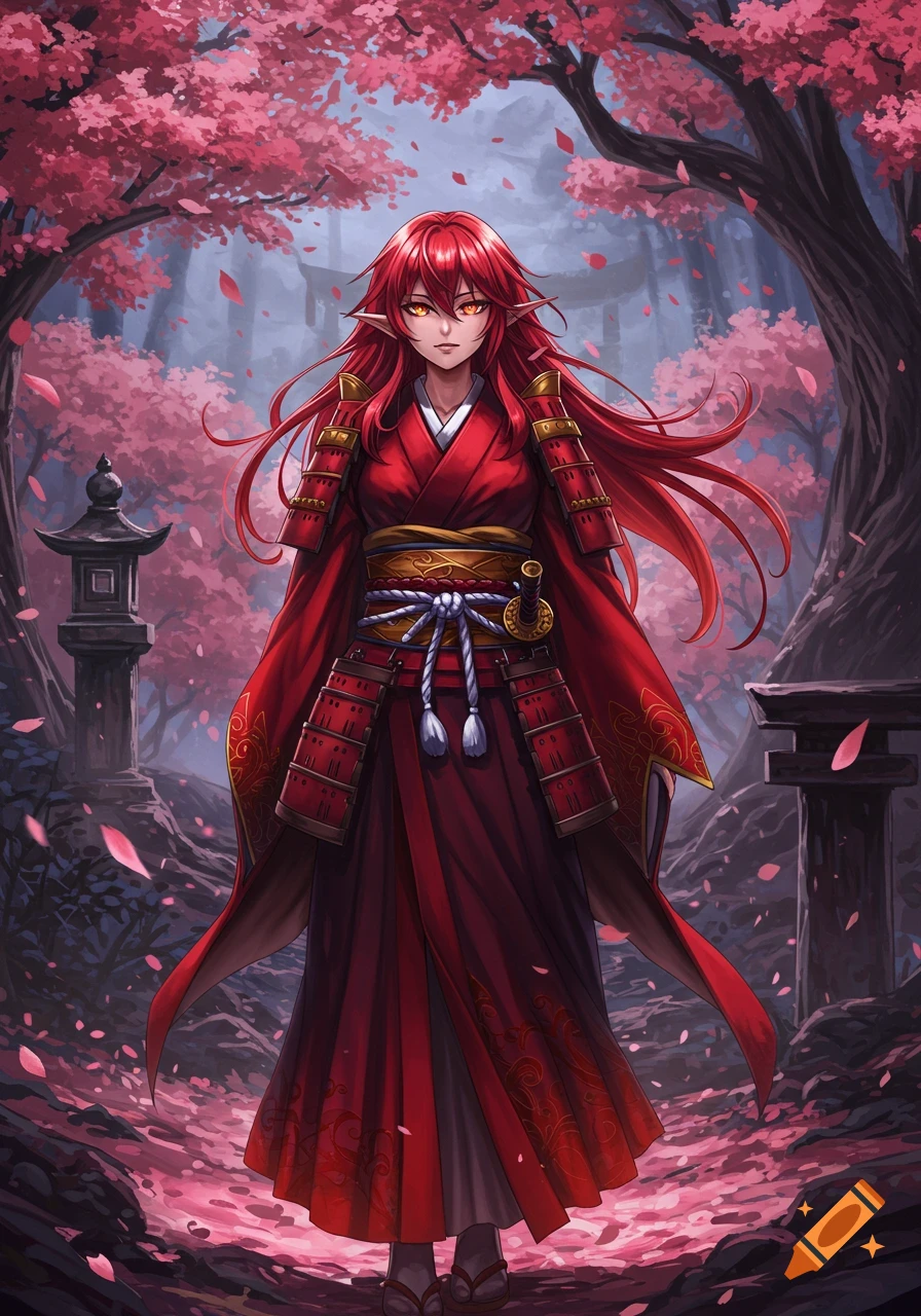 An anime-style female character with long red hair and pointed ears, dressed in a red samurai kimono, stands under cherry blossom trees.