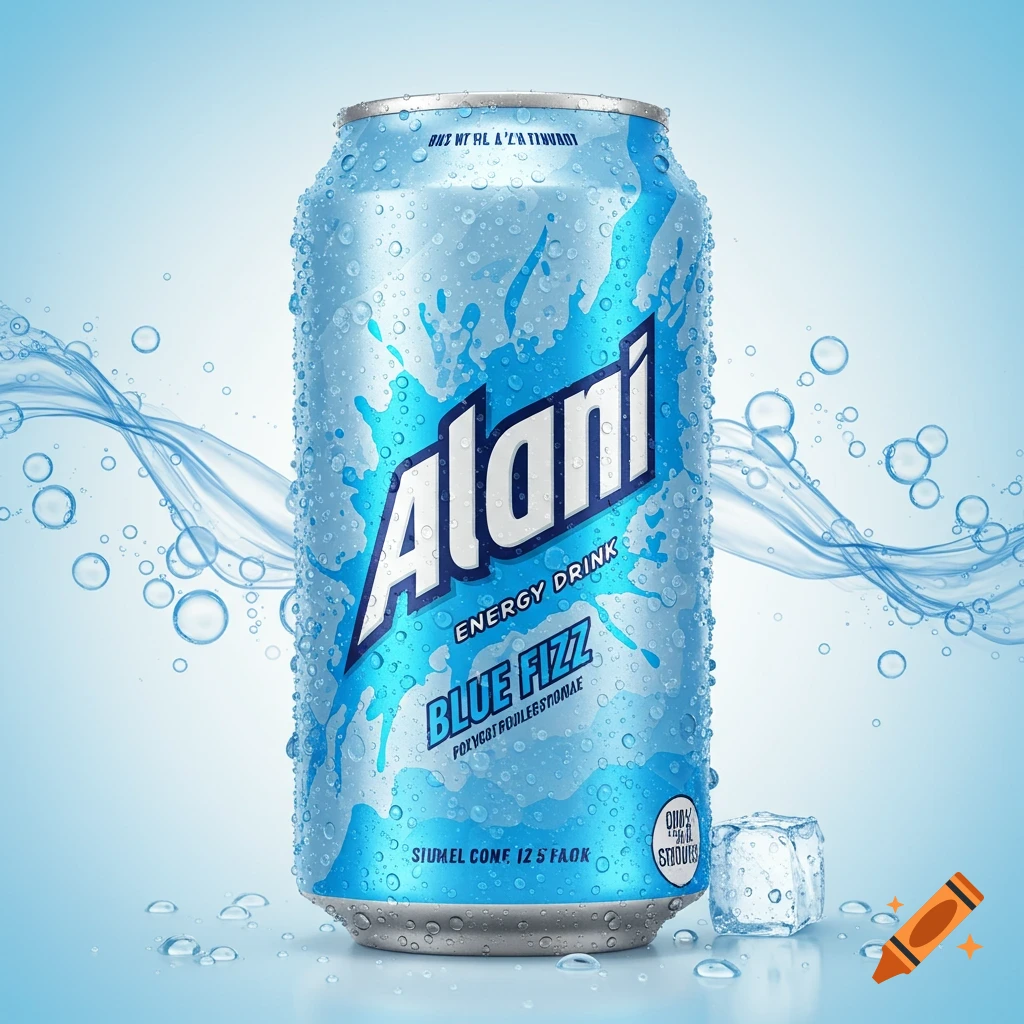Photorealistic image of a light blue energy drink can with water droplets and blue splash design, on a light blue background.
