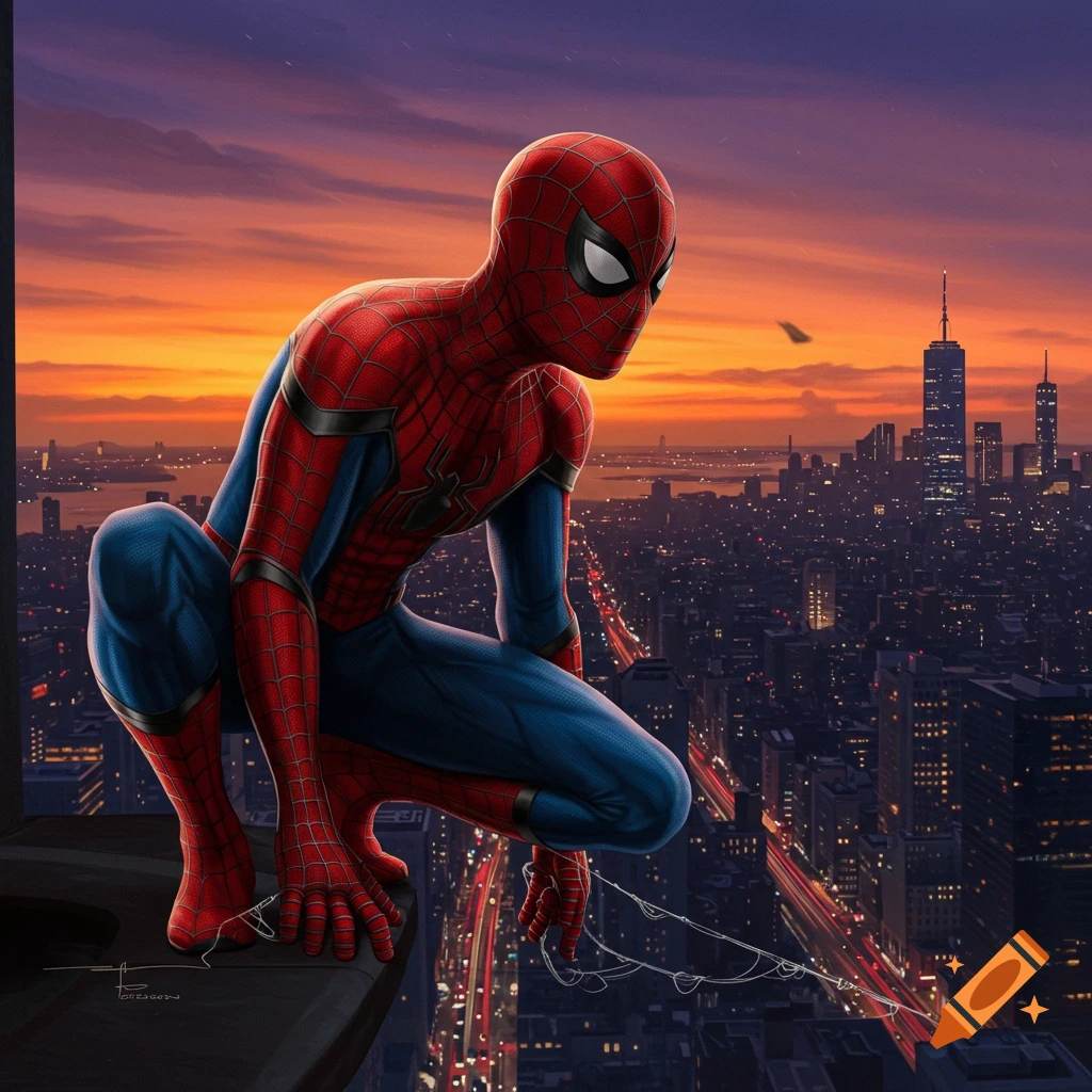 Spider-Man crouches on a skyscraper ledge overlooking a sprawling city at sunset, in an illustrative style.