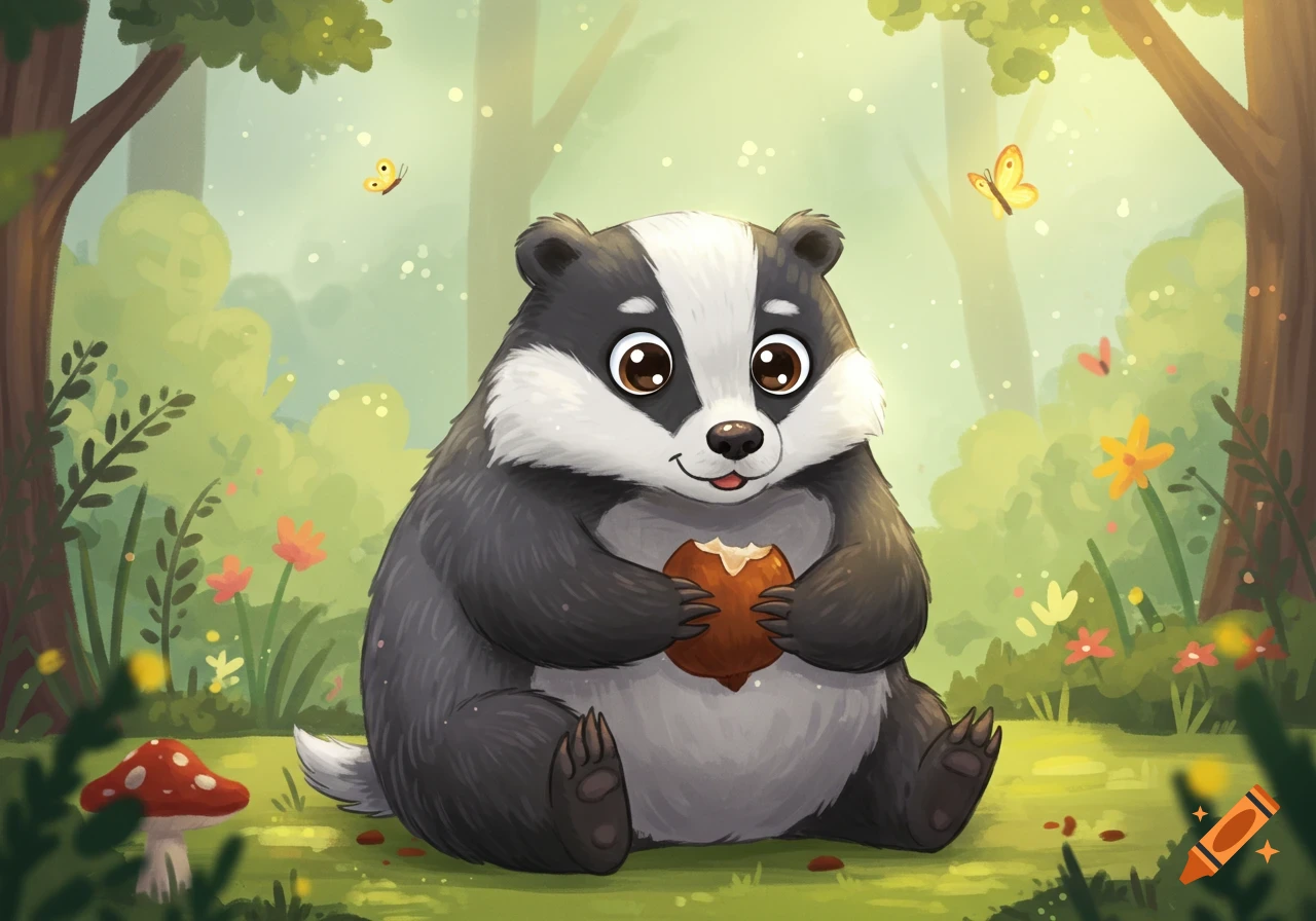 A cute cartoon badger sits in a lush forest, holding a buckeye. Butterflies flutter around it, and a red mushroom is nearby.