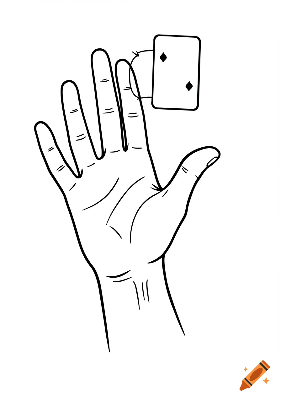 A clean black-and-white line drawing of a left hand holding a playing card with two diamond symbols.