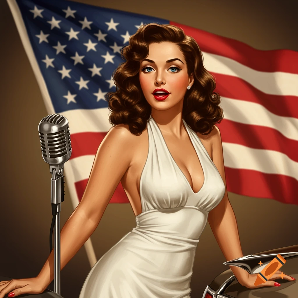 A vintage-style pinup illustration of a brunette woman in a white dress posing with a microphone in front of an American flag.