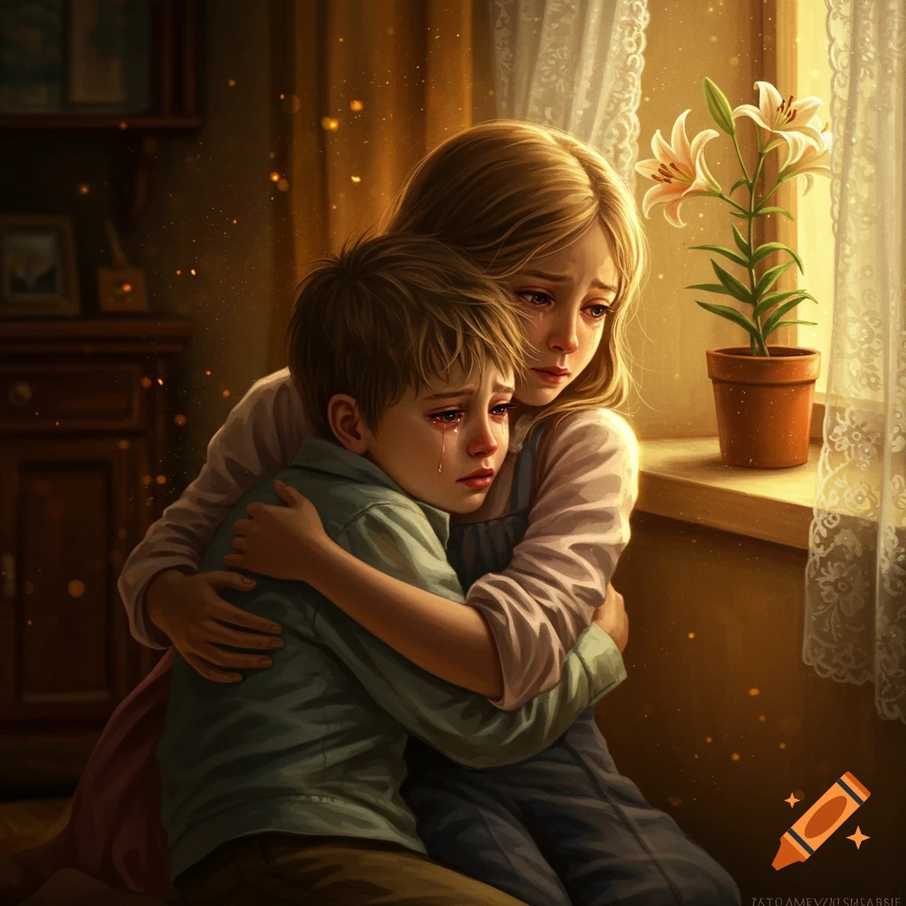 A digital illustration of a crying boy being comforted by a girl hugging him, near a sunlit window with a potted lily.