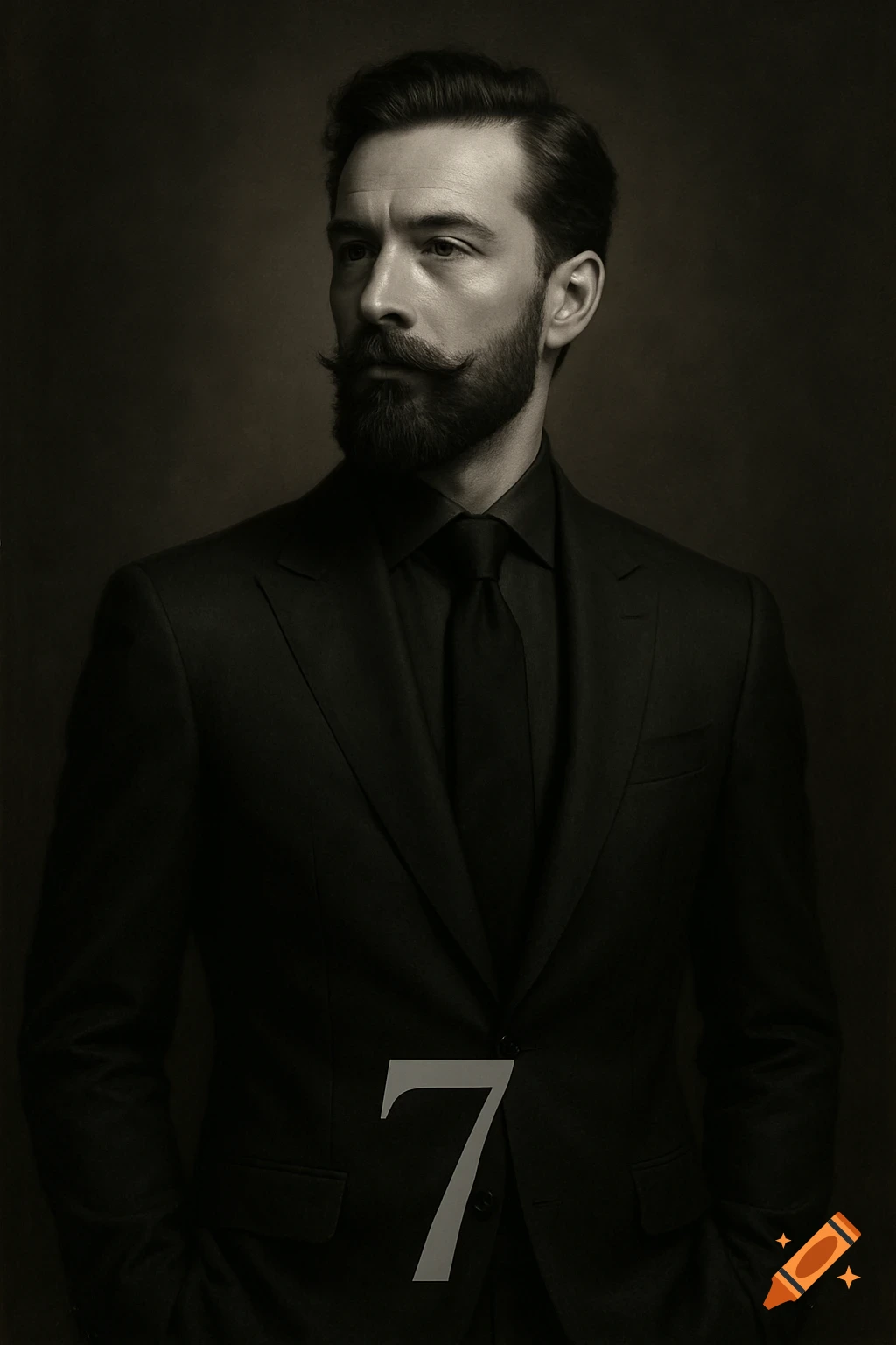 A photorealistic portrait of a man with a beard and mustache wearing a dark suit, with a large white number 7 on his chest.