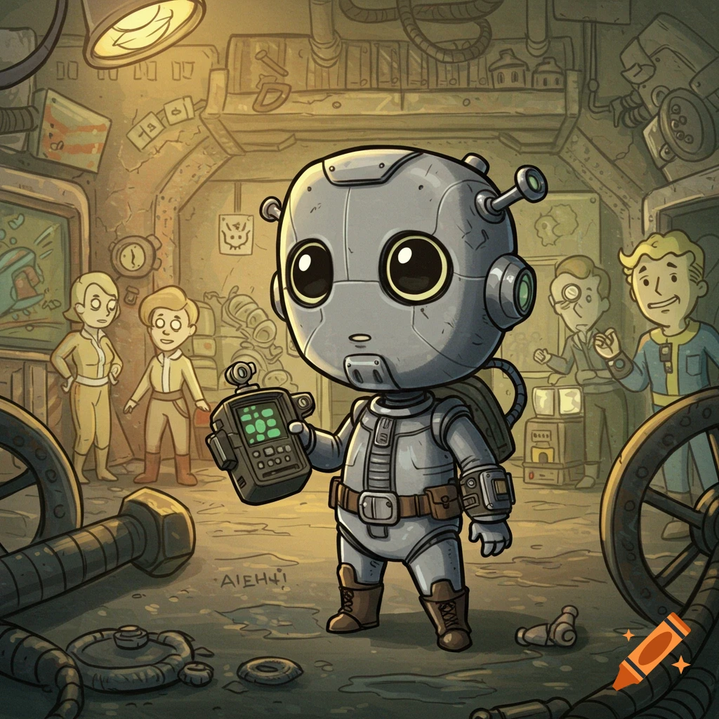 A cute chibi robot holding a device in a cluttered, sci-fi vault, with human characters in the background, in the style of Fallout Shelter.