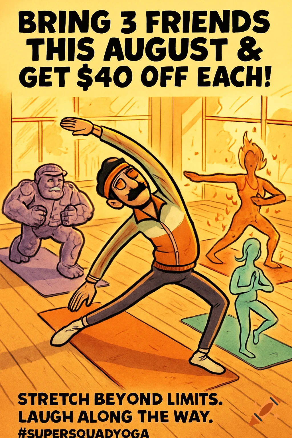 A colorful cartoon yoga poster showing a mustachioed instructor and three diverse students (a rock creature, a fiery person, and an outline) stretching in a bright studio, with promotional text.
