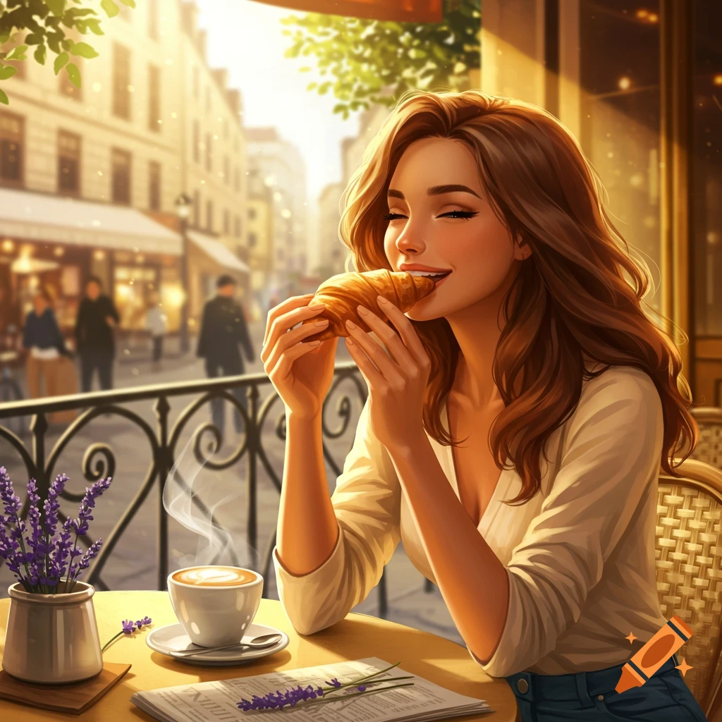 A smiling woman with long brown hair eats a croissant at an outdoor cafe table with coffee and a newspaper on a sunny day. Stylized illustration.