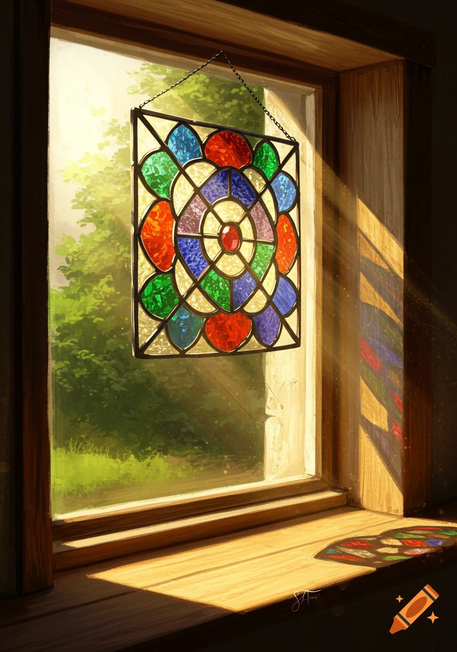 A colorful stained glass suncatcher hangs in a sunlit wooden window, casting reflections on the sill, with green trees outside.