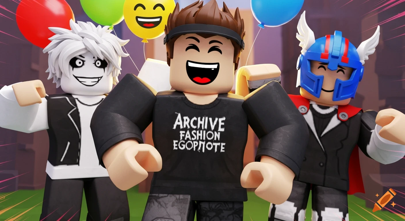 Three cheerful Roblox characters, including one with a visor and a shirt reading 'Archive Fashion Egopnote,' pose with colorful balloons.