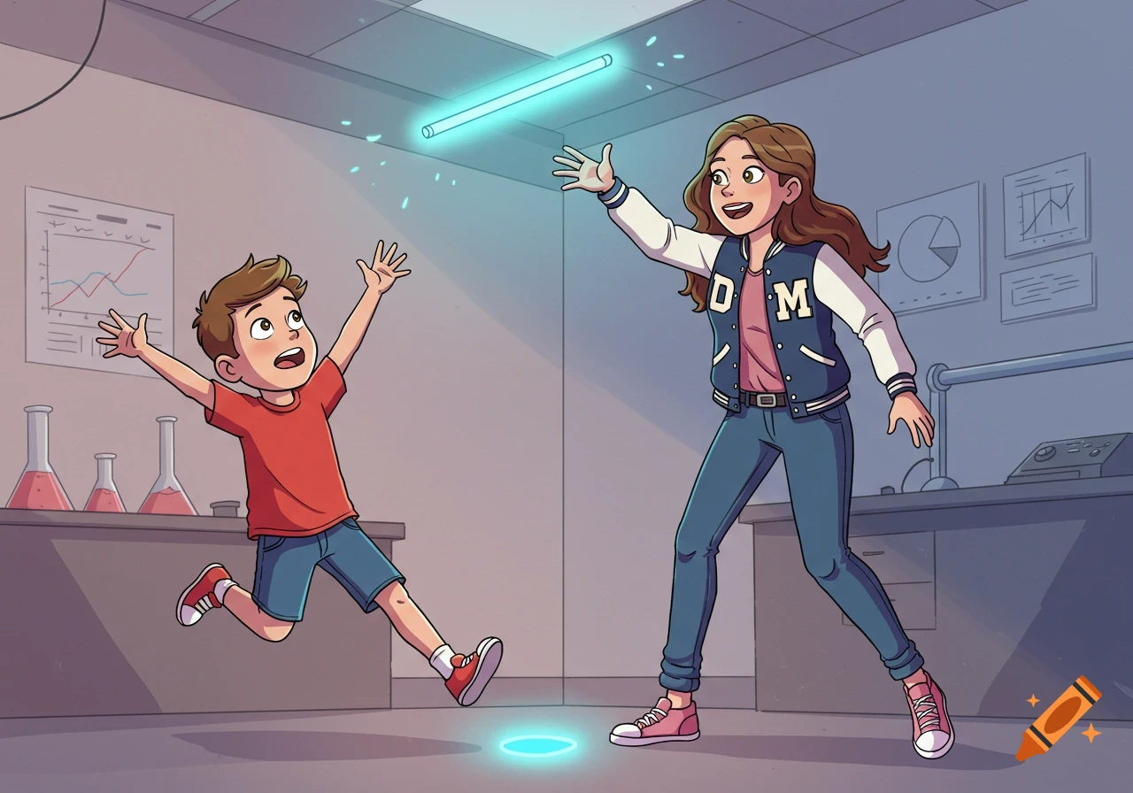 Cartoon illustration of a young boy and an older girl in a science lab reaching for a glowing light stick.