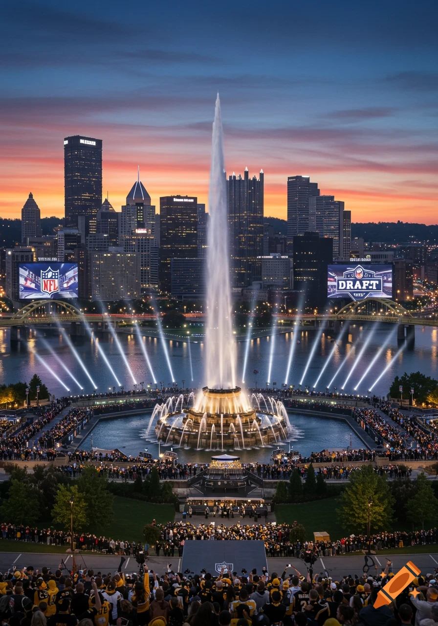 Aerial view of a vibrant NFL Draft event at Point State Park fountain in Pittsburgh at sunset, with a city skyline.