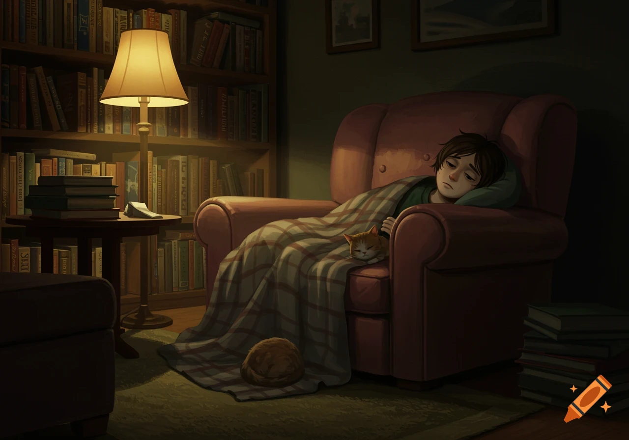 A person sleeps in an armchair under a blanket with a cat, surrounded by books in a cozy, dimly lit room.