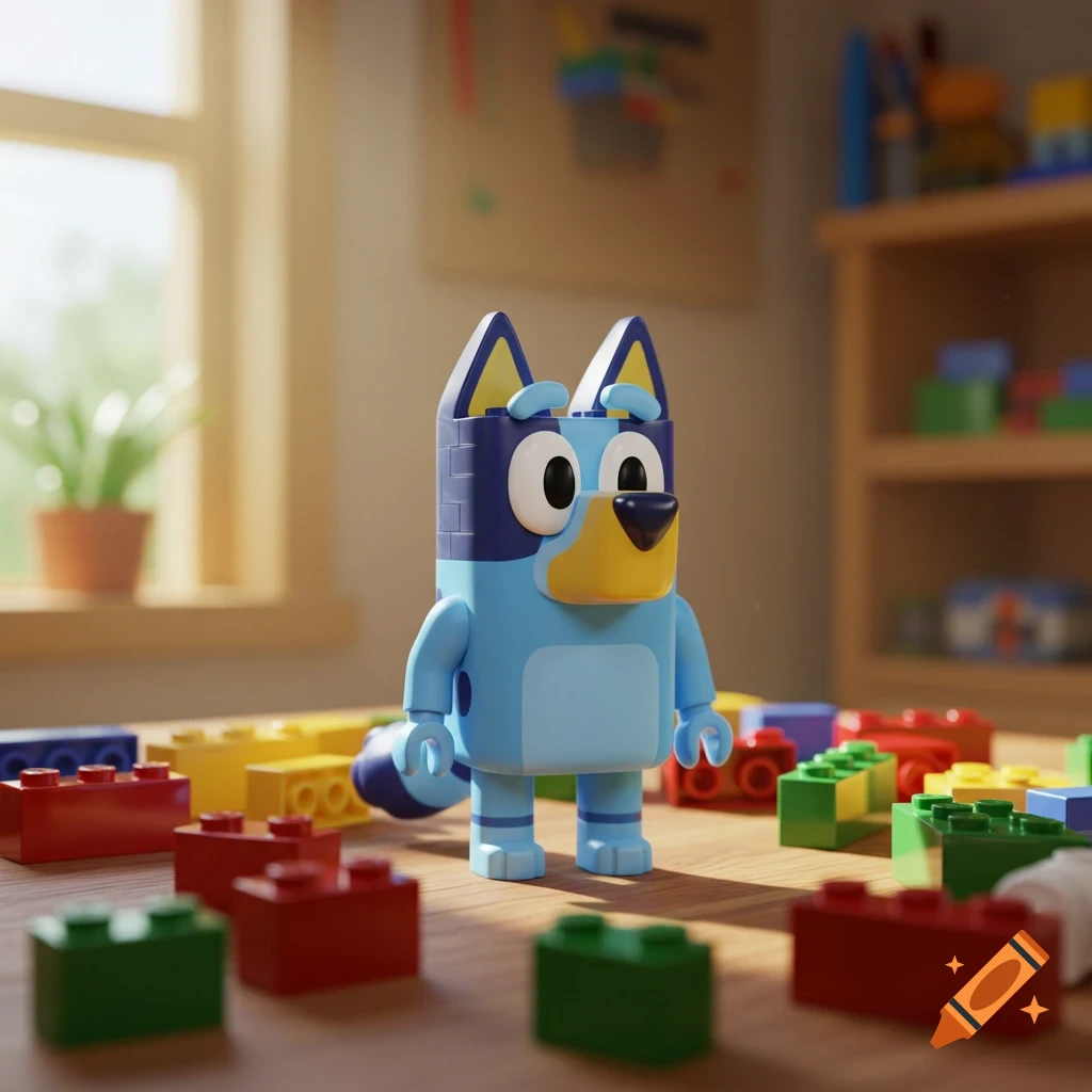Lego-style Bluey character on a wooden table surrounded by colorful Lego bricks in a sunlit room.