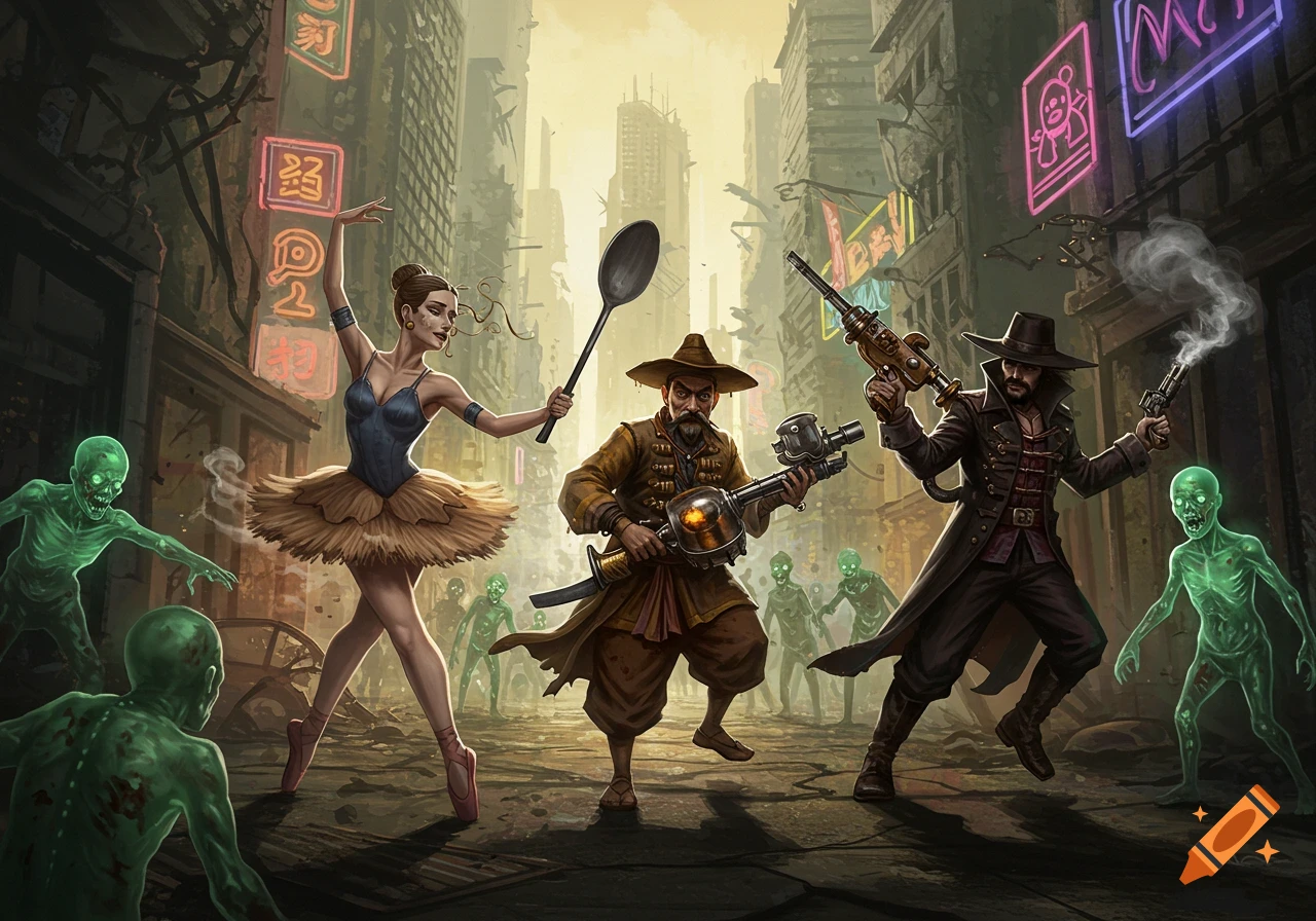 Three characters, a ballerina, a man with a giant spoon, and a gunslinger, fight green zombies in a ruined, neon-lit city street in a surreal art style.